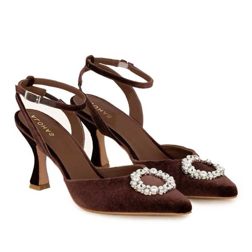NWOT ALOHAS Dark Brown Velvet Heels with Pearl Accents